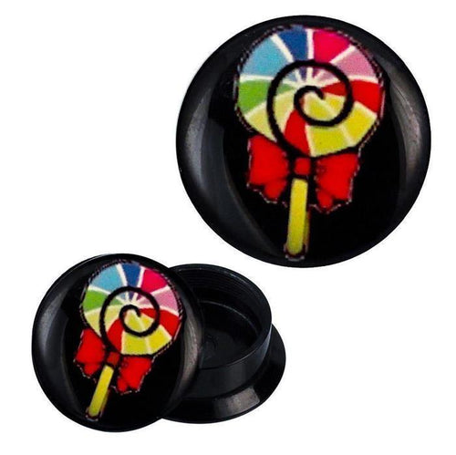 The Schraub Plug Acryl bunter Lolli Schleife Schnecke Piercing Ohrschmuck features a black base with a spiral lollipop in red, yellow, green, blue, and a red bow, shown both closed and with the top removed.