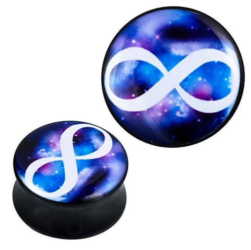 These two round acrylic ear plugs in white, blue, and lilac feature a black infinity symbol design, perfect as stylish piercing jewelry for your ears.