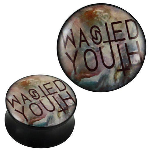 Two round, brown, and colorful Plug Acryl "Wasted Youth" plugs featuring an inverted cross design—stylish Piercing Ohrschmuck for a bold statement.