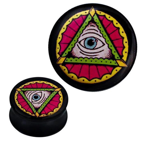 The Plug Acryl Dreieck Auge gelb pink grün Piercing Ohrschmuck features a blue eye inside a green triangle, accented with yellow and pink patterns, evoking the Eye of Providence in a colorful design.