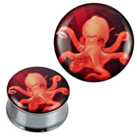 Load image into Gallery viewer, A round silver tunnel plug made of stainless steel and acrylic, featuring an orange-red octopus design on a dark background, named "Tunnel silbern Edelstahl Plug Acryl Tintenfisch orange rot Piercing.
