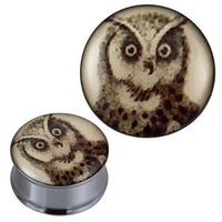 Load image into Gallery viewer, Tunnel silbern Edelstahl Plug Acryl Käuzchen beige braun schwarz

