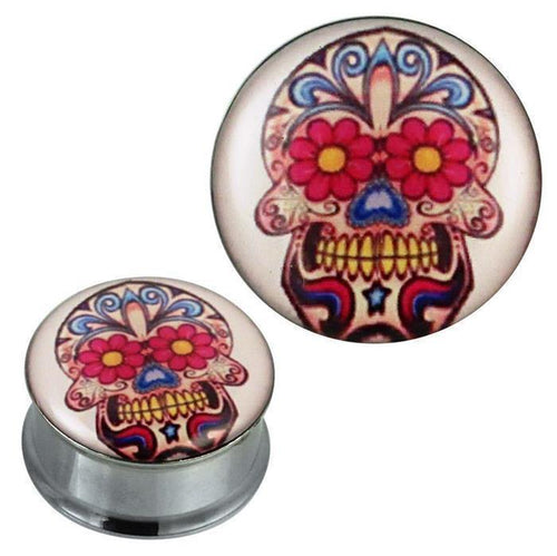 Tunnel silbern Edelstahl Plug Acryl Sugar Skull pink blau weiß Piercing