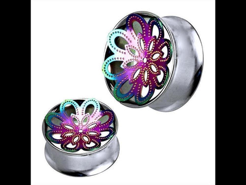 Tunnel silbern Edelstahl Plug Blume zweilagig Regenbogen-farben Piercing