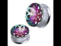 Load image into Gallery viewer, Tunnel silbern Edelstahl Plug Blume zweilagig Regenbogen-farben Piercing
