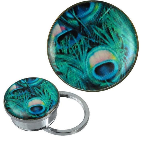 Schraub Plug Tunnel silbern Edelstahl grün blau Pfauenfedern Acryl Piercing