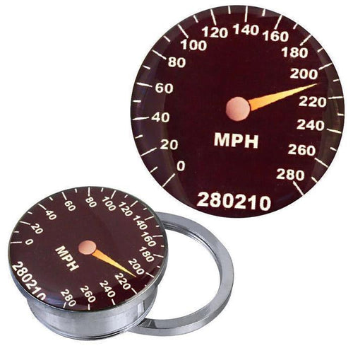 The Schraub Plug Tunnel silbern Edelstahl Tachometer 210 Acryl Piercing features a tachometer design with a needle at 220 MPH and "280210" as an odometer reading, crafted to resemble a speed gauge.