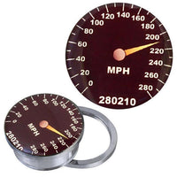 Load image into Gallery viewer, The Schraub Plug Tunnel silbern Edelstahl Tachometer 210 Acryl Piercing features a tachometer design with a needle at 220 MPH and "280210" as an odometer reading, crafted to resemble a speed gauge.
