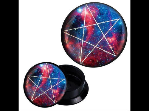 The Schraub Plug Acryl features a white pentagram on a pink and blue background, creating a stylish cosmic look for your piercing.