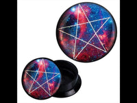 Load image into Gallery viewer, The Schraub Plug Acryl features a white pentagram on a pink and blue background, creating a stylish cosmic look for your piercing.

