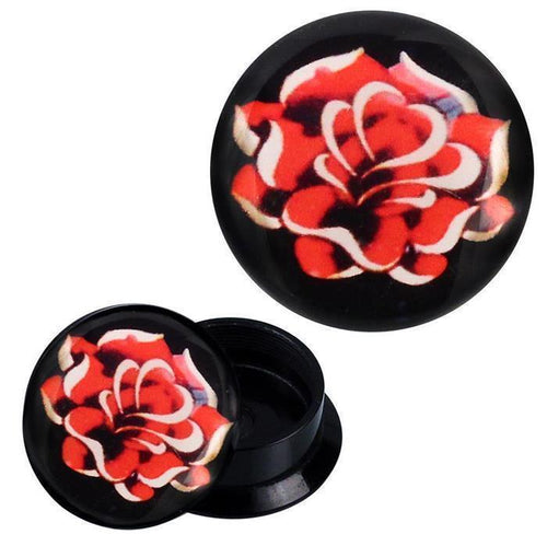 A round black Schraub Plug Acryl Lotusblume rot weiß Piercing Ohrschmuck with a vivid red and white lotus flower design. The image shows both the plug closed and opened, highlighting its screwable compartment.