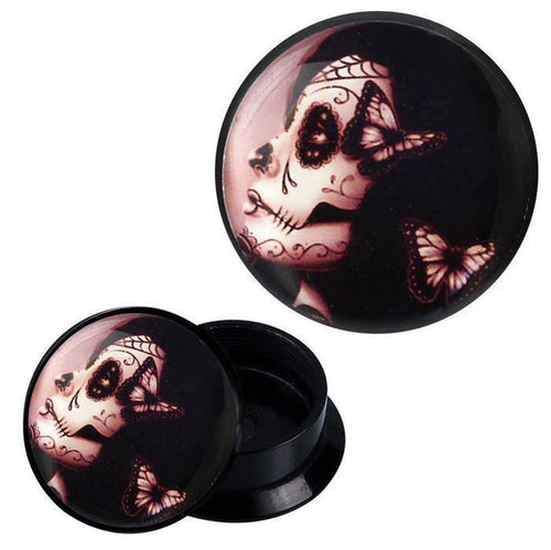 Schraub Plug Acryl seitlich Candy Skull Schmetterlinge Piercing Ohrschmuck