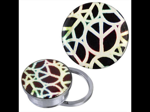 A round silvery stainless steel Schraub Plug Tunnel piercing with a multicolored, white Peace Zeichen design in acrylic, featuring abstract geometric patterns on a black background with iridescent highlights.
