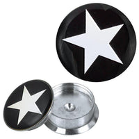 Load image into Gallery viewer, The Schraub Plug Tunnel silbern Edelstahl features a round black acrylic cap with a white star, shown both assembled and with the cap removed to expose the silver metallic base.

