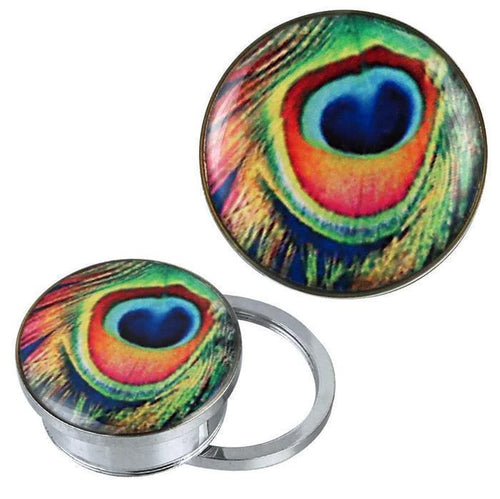 Two silvery metallic purse hooks showcase the vibrant Pfauen Auge design of the Schraub Plug Tunnel in colorful acrylic, reminiscent of Piercing Schmuck. One hook is open, the other folded, displaying detailed green, blue, yellow, orange, and pink accents.