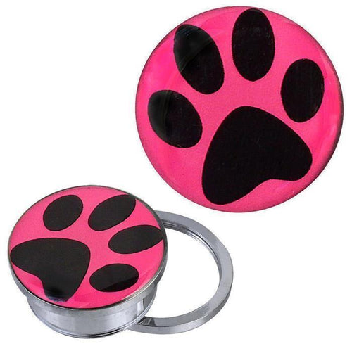 Schraub Plug Tunnel silbern Edelstahl Pfote pink schwarz Acryl Piercing