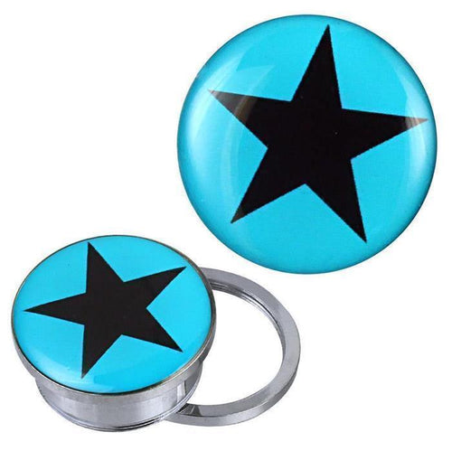 A round, silver Schraub Plug Tunnel keychain made of stainless steel with a turquoise face and a large black star in the center. Shown from the front and at an angle.