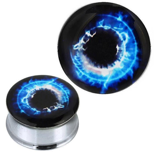 A pair of round, silver stainless steel tunnels with glossy acrylic tops featuring a blue and white electric swirl—perfect for adding bold flair with the Tunnel silbern Edelstahl Plug Acryl Strom Strudel.