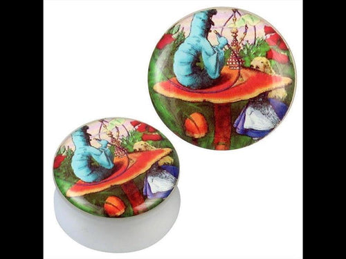 This round “Plug weiß Acryl Shisha Raucher Pilz Mädchen Piercing Ohrschmuck” features a colorful blue caterpillar and Alice on a red mushroom, surrounded by greenery—a whimsical choice for any Raucher Plug or Shisha fan.