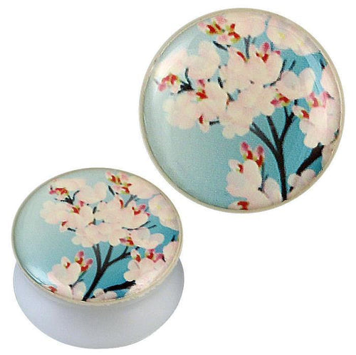 Plug weiß Acryl Kirschblüten Ast türkis rosa Piercing Ohrschmuck