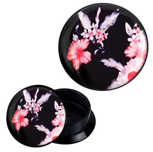 Schraub Plug Acryl grau rosa weiße Blumen schwarz Piercing Ohrschmuck