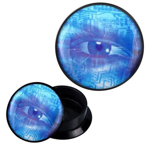 A round black Schraub Plug Acryl blau Auge Computer Zeichen Piercing Ohrschmuck with a lid showing a digital blue eye and circuit patterns, evoking tech and vision. The open container displays its empty inside.