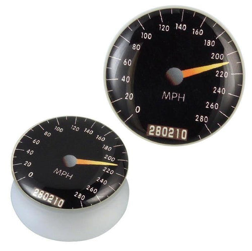 Two Acryl Plug weiß Tachometer gelb schwarz Piercing Ohrschmuck pieces feature black speedometer designs with white numbers, MPH label, and odometer at 280210—one front-facing, one angled—resembling classic Tacho Plug style.