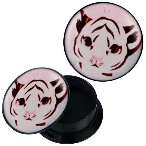 A round Schraub Plug Acryl schwarz rosa weiß Babytiger Piercing Ohrschmuck with a lid featuring a stylized tiger face in black and pink. The lid is slightly open, showing the container’s empty interior.
