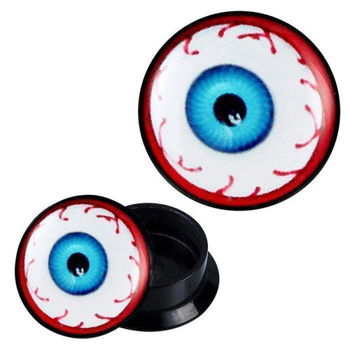 Two round Schraub Plug Acryl Augapfel blau rot Adern Expander Piercings display a realistic blue eye with red veins on white; both black screw plugs are shown, one open to reveal the back.