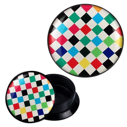 Schraub Plug Acryl buntes Schachbrett Piercing Ohrschmuck