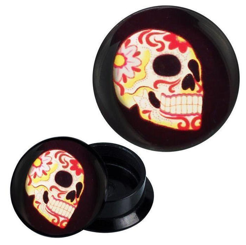 Schraub Plug Acryl Sweet Skull Blumen rot gelb lila Piercing Ohrschmuck