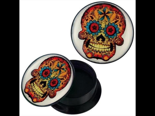 Schraub Plug Acryl Candyskull gelb rot blau Windrad Piercing Ohrschmuck