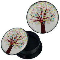 Load image into Gallery viewer, A round black "Schraub Plug Acryl Flower Power bunt Baum" piercing with a removable lid, featuring a white background and a colorful tree design—brown trunk, branches, and multicolored flower leaves.
