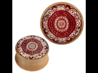 Load image into Gallery viewer, Holz Plug hell rot weiße Mandala Blume Resin Inlay Tribal Piercing
