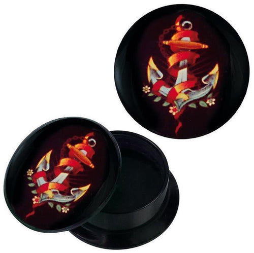 Schraub Plug Acryl Anker rotes Band Blümchen Piercing Ohrschmuck