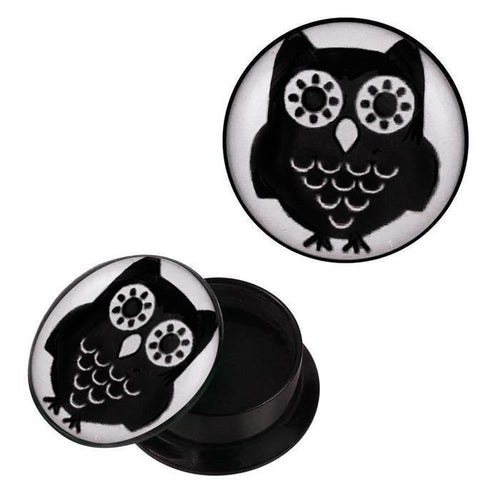 Schraub Plug Acryl Eule Sternchen Augen schwarz weiß Piercing Ohrschmuck