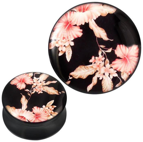 Plug Acryl rosa grau beige Hibiscus Blüten schwarz Piercing Ohrschmuck