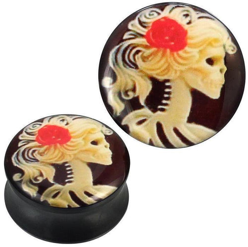 Plug Acryl Skelett Frau rote Rose beige lange Haare schwarz Piercing