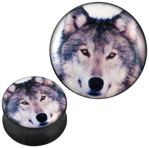Plug Acryl weiß grauer Wolf Kopf schwarz Piercing Ohrschmuck