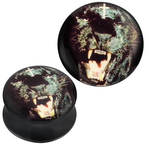 Plug Acryl Puma fauchend Kreuz schwarz Piercing Ohrschmuck