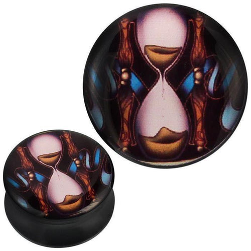 Plug Acryl antike Sanduhr blaues Band braun schwarz Piercing Ohrschmuck