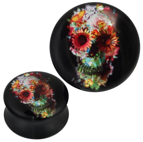 Plug Acryl bunter Totenkopf Blumen Blätter Schmetterling schwarz Piercing
