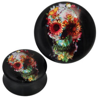 Load image into Gallery viewer, Plug Acryl bunter Totenkopf Blumen Blätter Schmetterling schwarz Piercing
