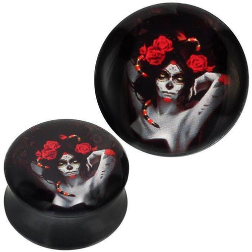 Plug Acryl graue Candy Skull Frau Rosen Schlange rot schwarz Piercing
