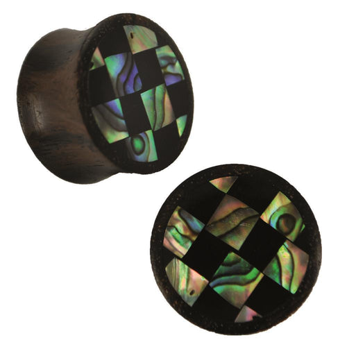Organic Sonoholz Plug Paua Abalone Resin Schachbrett schillernd schwarz bunt Tribal