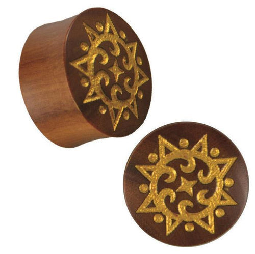Plug Holz rotbraun Lasergravur goldfarben Punkte Spiralen Sonne Tribal Piercing