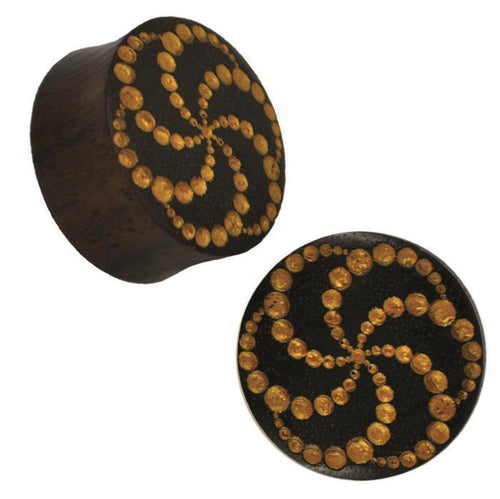 Plug Holz braun Lasergravur goldfarben Kreise Windrad Tribal Piercing
