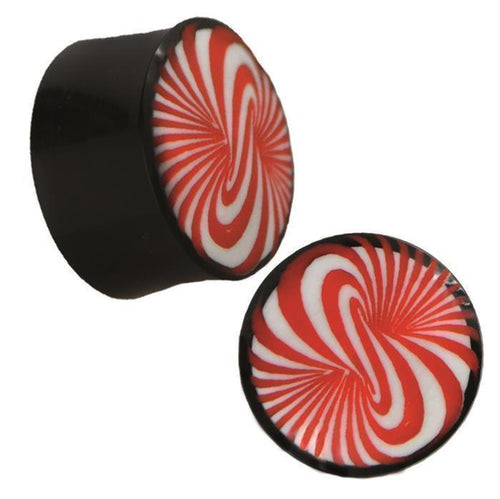 Plug Horn rot weiße Gravur schwarz Strudel Sanduhr Form Piercing Tribal