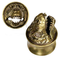 Load image into Gallery viewer, Brass Messing Plug Tunnel 3D T-Rex skull Schädel Dinosaurier Skelett golden
