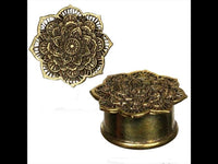 Load image into Gallery viewer, Brass Tunnel Plug Mandala Blume 3D Effekt antik golden Messing Expander Schmuck

